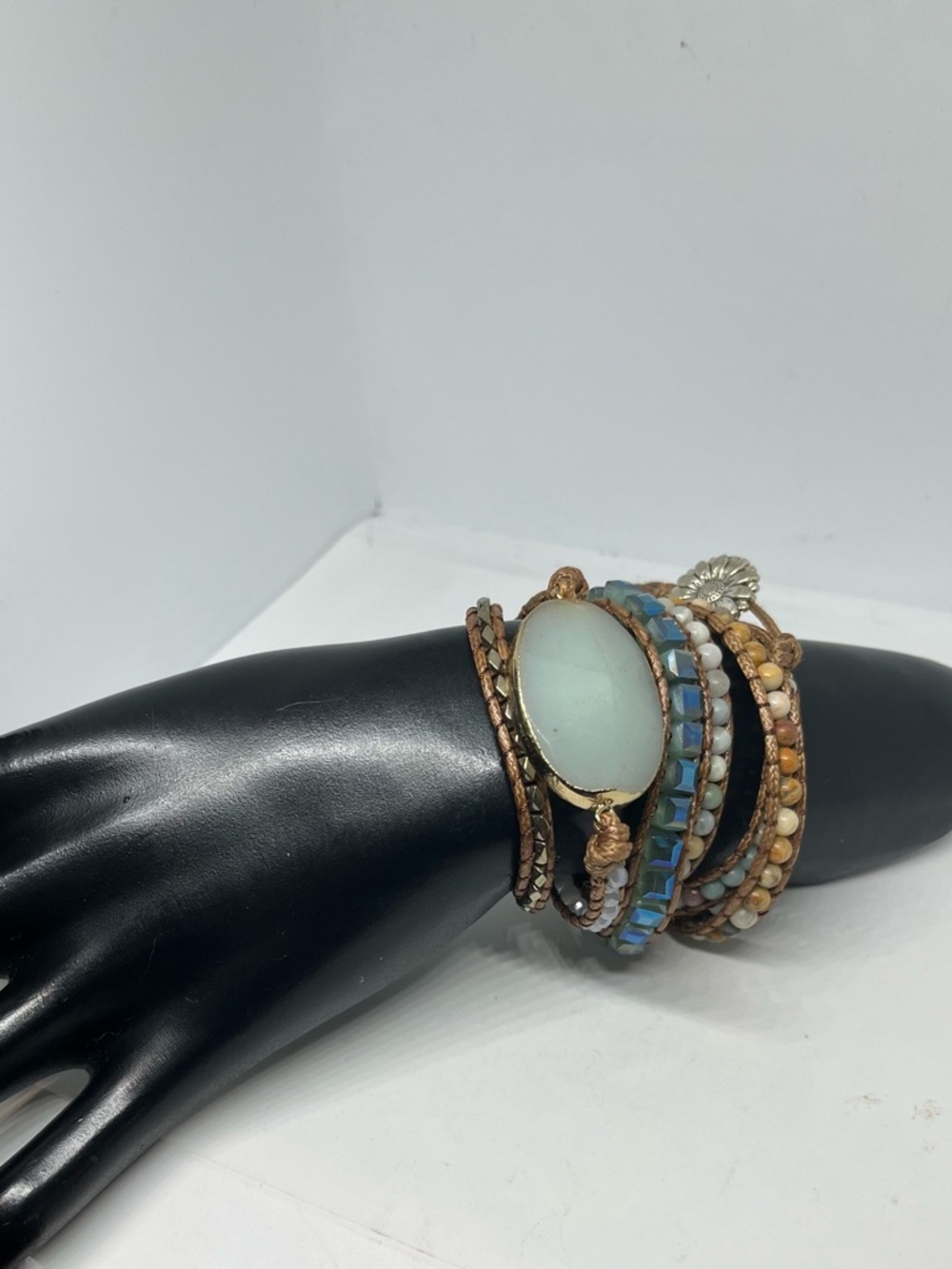 Multi-Row Aqua Stone and Bead Wrap Bracelet - Boho Chic - Picture 2 of 3